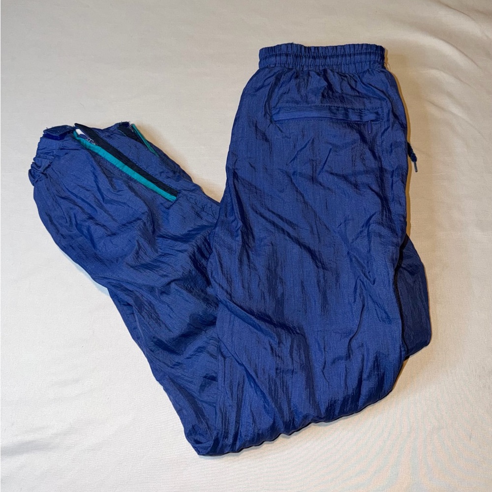 Vintage 90s Score II Nylon Track Pants Blue Teal Zip Ankle Windbreaker Joggers